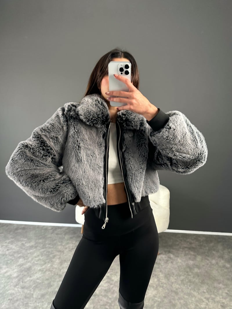 Gri Kısa Kürk Bomber Ceket 