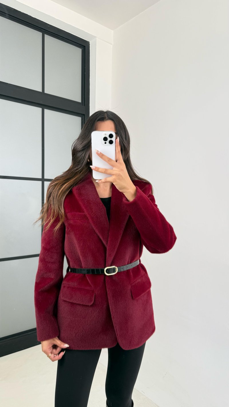 Bordo Astarlı Kemerli Peluş Tüylü Ceket GAUS-00131