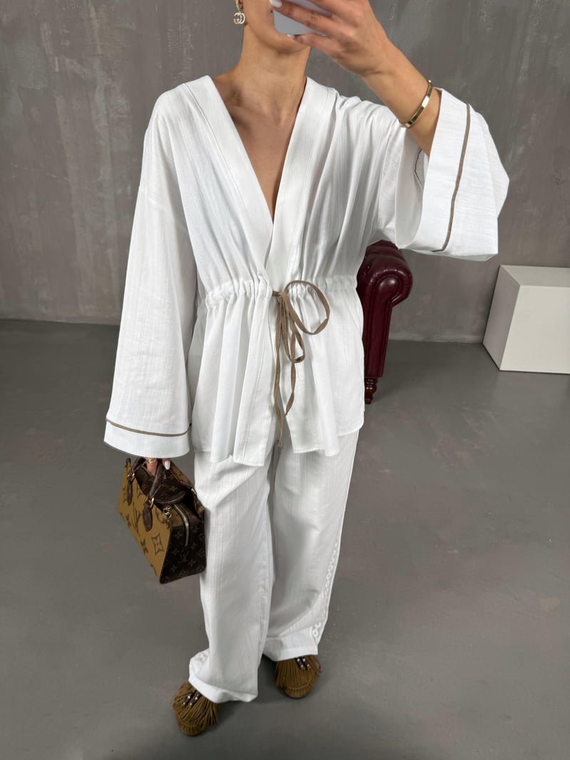 Beyaz Bağlamalı Keten Kimono Takım Gaus00034