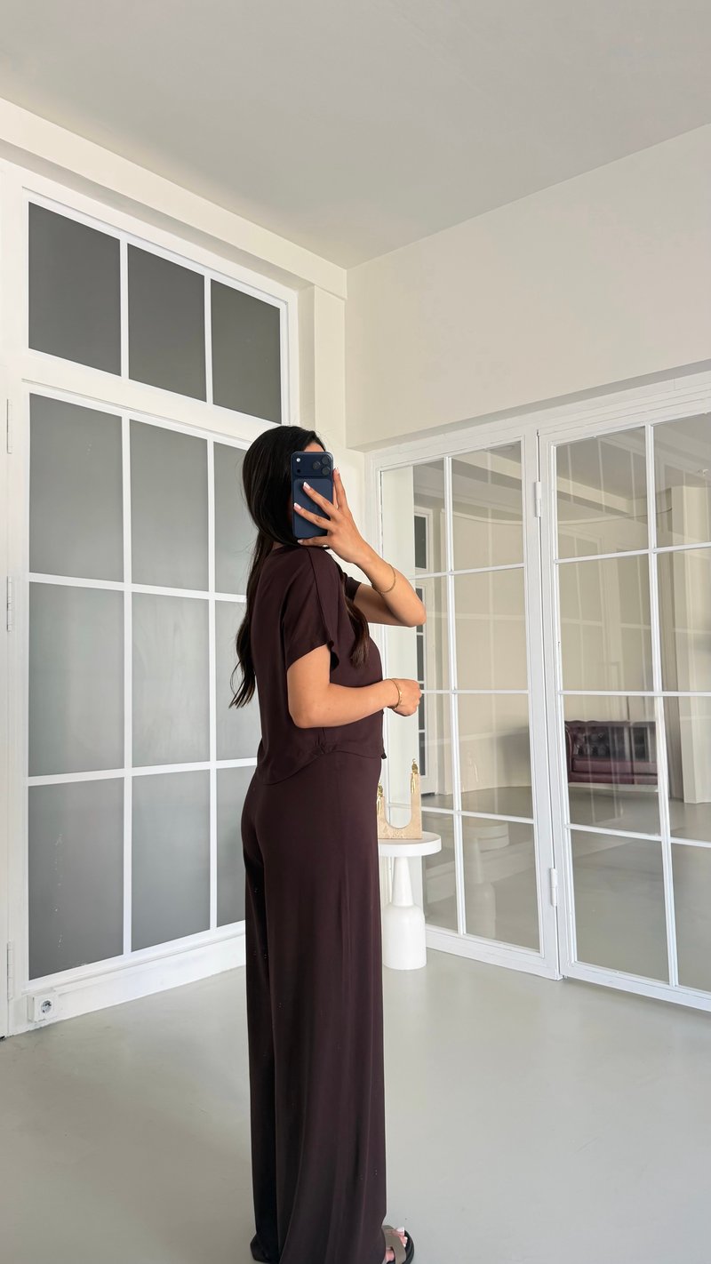 Kahve Bluz Beli Lastikli Pantolon İkili Basic Takım GAUS-01712