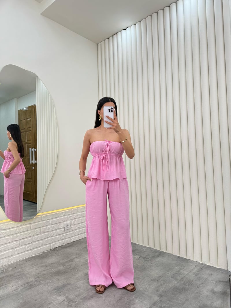 Pembe Straplez Yırtmaçlı Üst İkili Tensel Takım Gaus00275