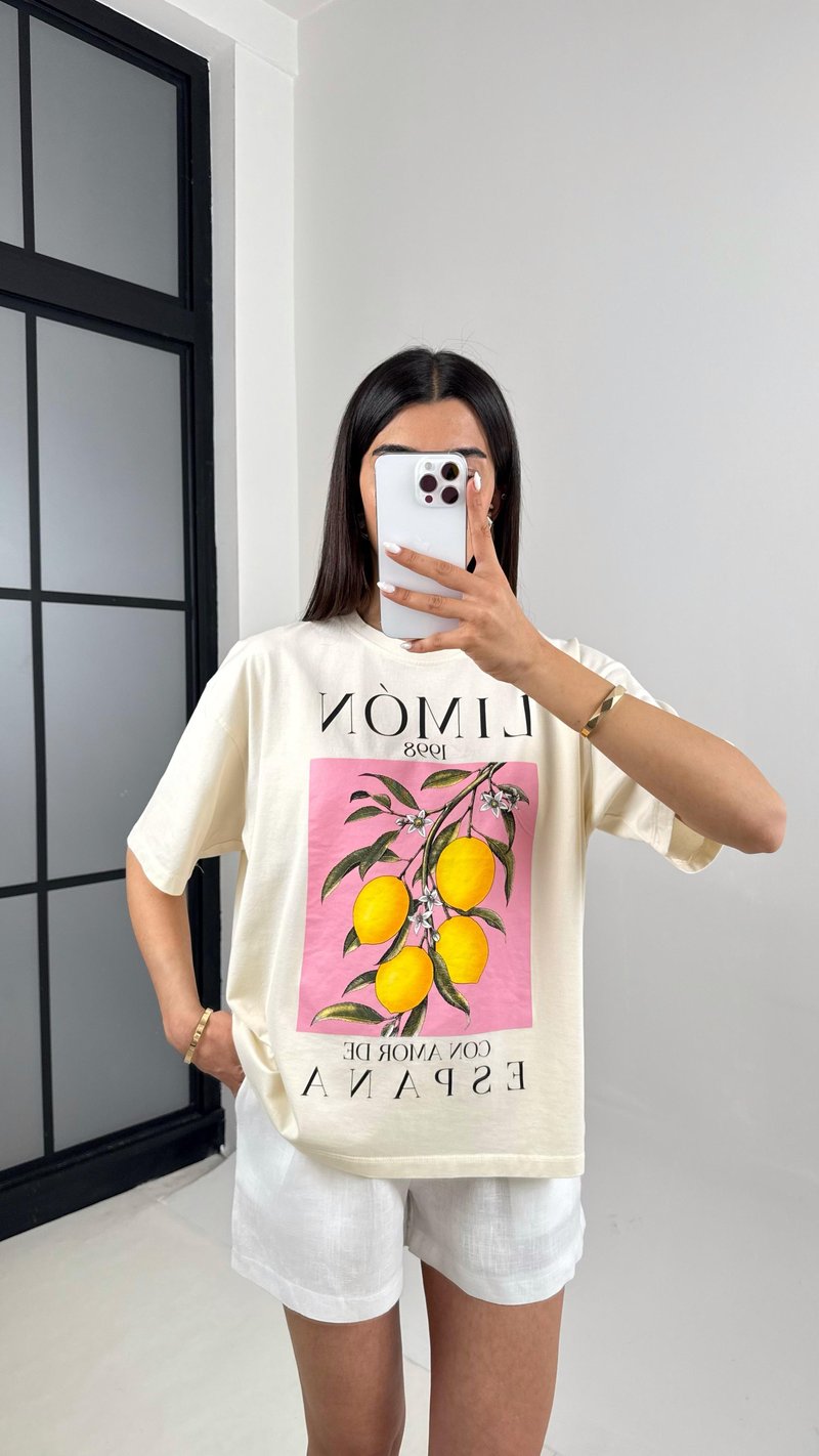 Ekru Limon Baskılı Basic Tshirt Gaus00416