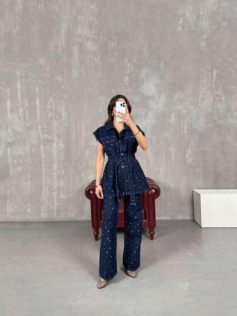 Hespi Lacivert Zımbalı Kuşaklı Yelek Pantolon Denim Takım