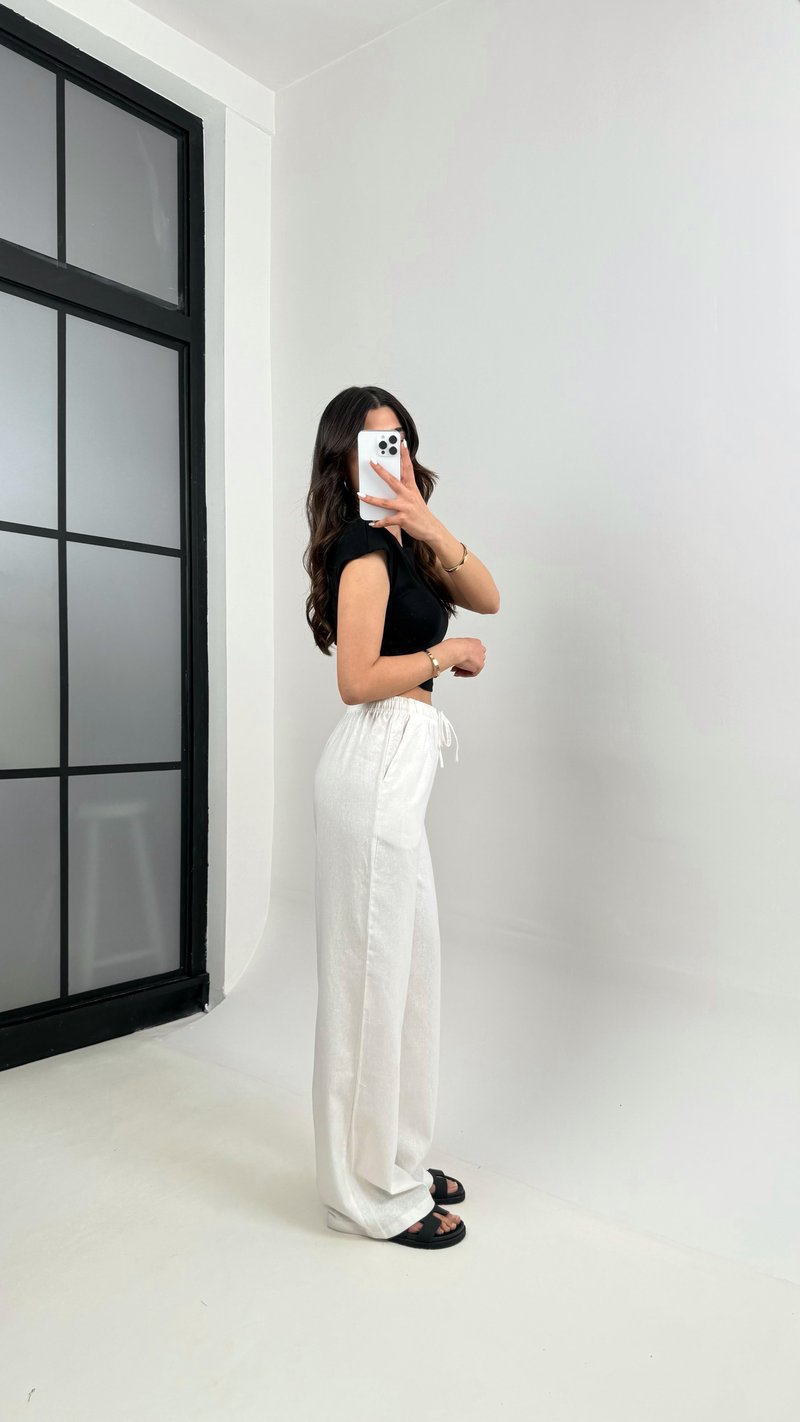 Beyaz Beli Lastikli Muadil Keten Pantolon Gaus00346