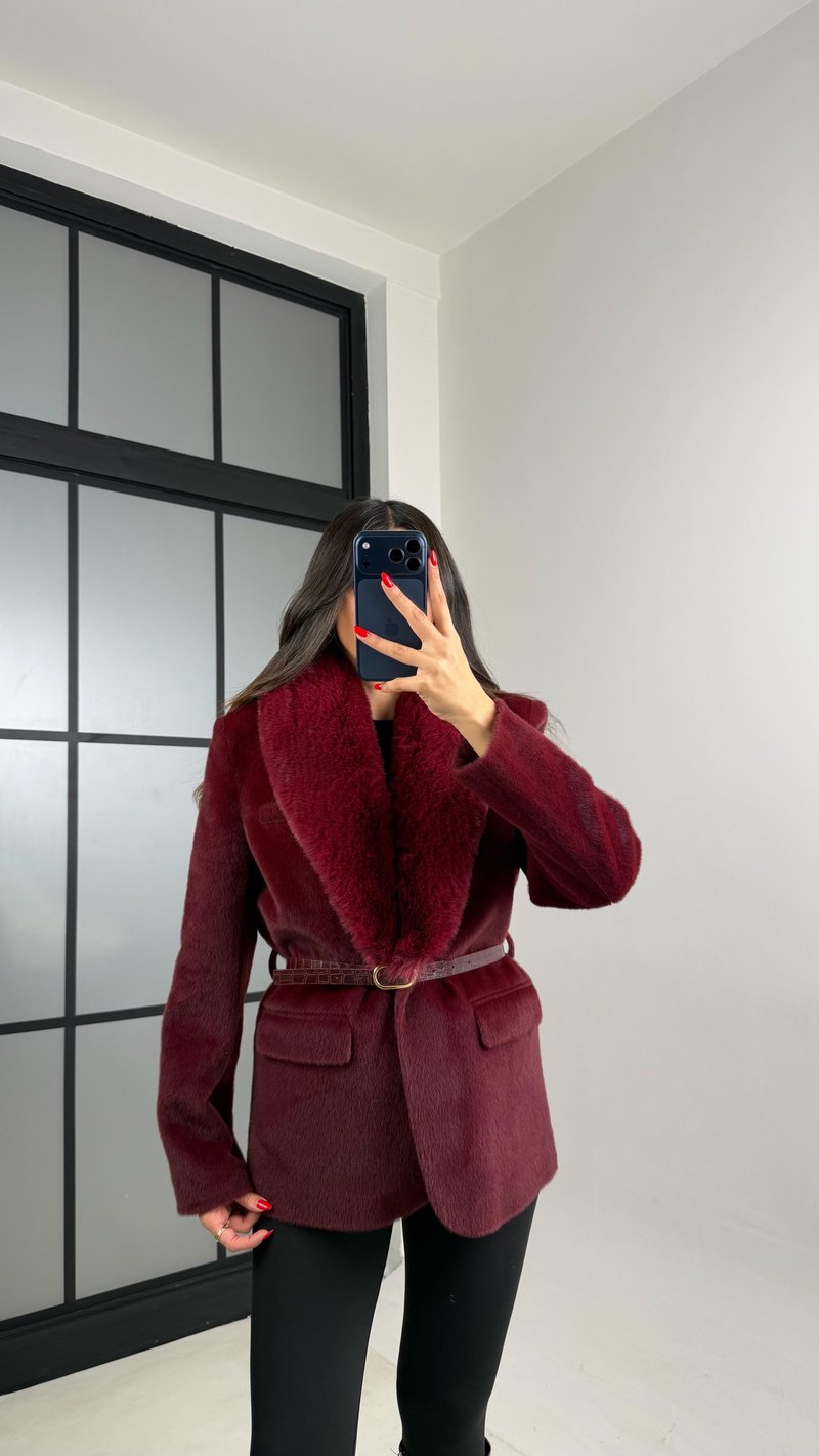 Bordo Astarlı Kemerli Premium Kürk Ceket GAUS-00936