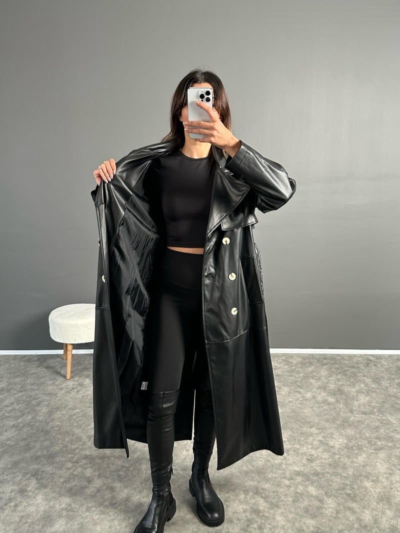 Siyah Premium Uzun Oversize Deri Ceket 