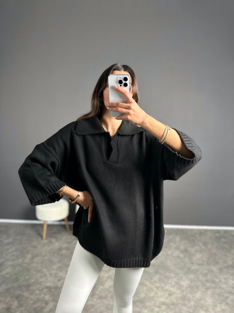 Doi Siyah Polo Yaka Triko Oversize Kazak 