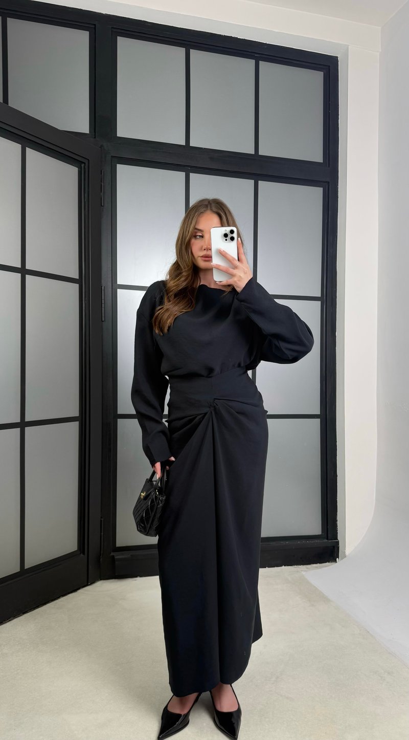 Siyah Drape Detaylı Etek Bluz Tencel Takım GAUS-01176