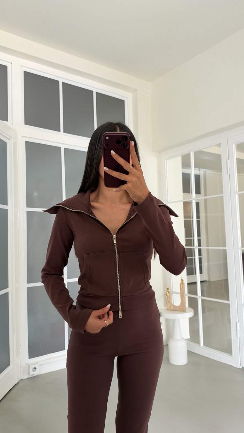 Kahve Geniş Yakalı Crop Hırka Beli Lastikli Eşofman İkili Basic Takım GAUS-02156