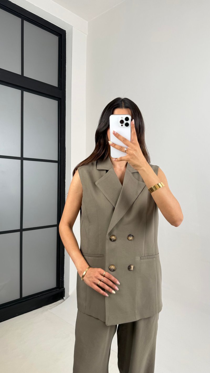 Haki Önü Düğmeli Astarlı Yelek Beli Lastikli Pantolon Premium Kumaş Takım Gaus00653