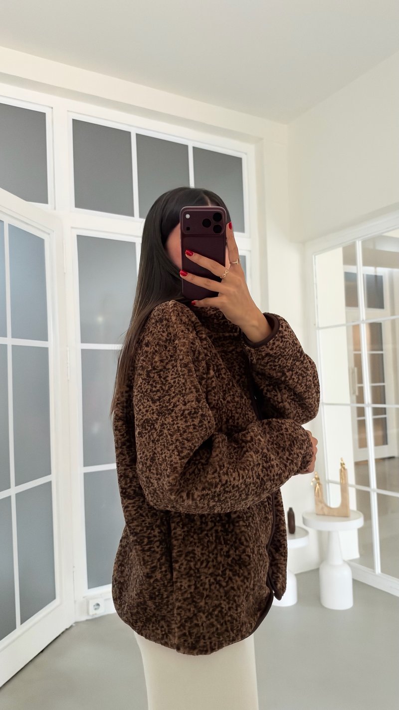 Kahve Desenli Fermuarlı Cepli Polar Sweatshirt GAUS-01916 GAUS-02292