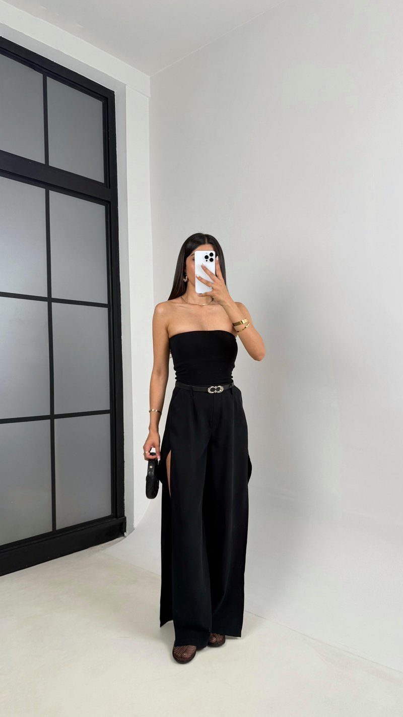 Siyah Yan Yırtmaçlı Kemerli Tencel Pantolon Gaus00639