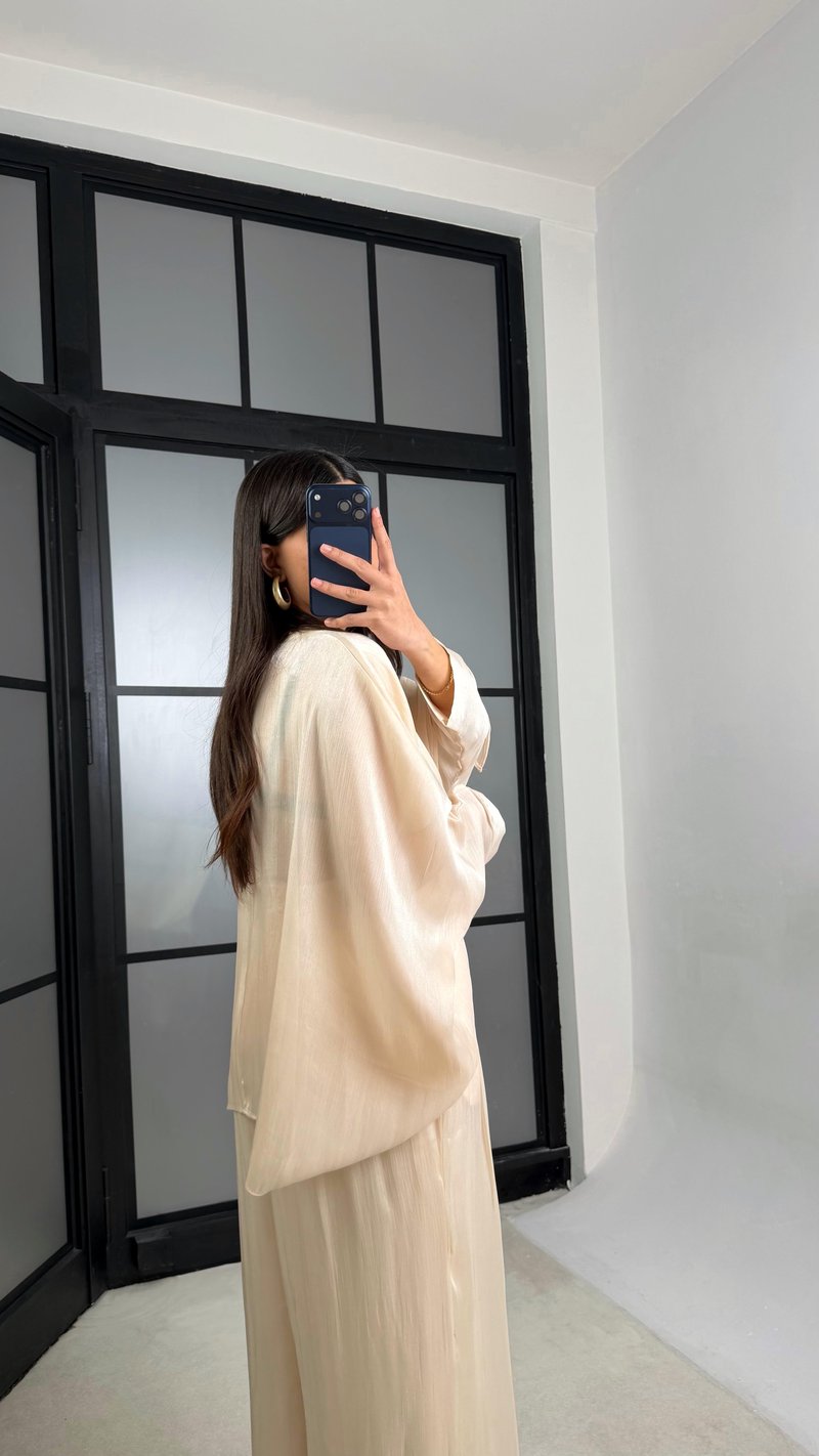 Bej Transparan Pelerin Beli Lastikli Şalvar Pantolon Premium Tasarım Takım GAUS-01292