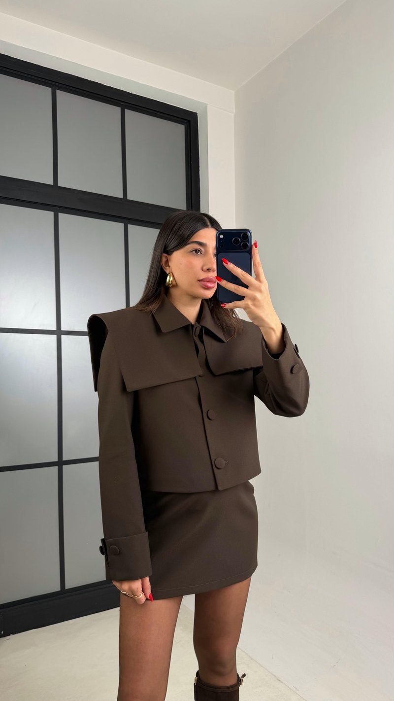 Acı Kahve Astarlı Düğme Detaylı Kare Yaka Ceket Etek Premium Kumaş Takım GAUS-00975