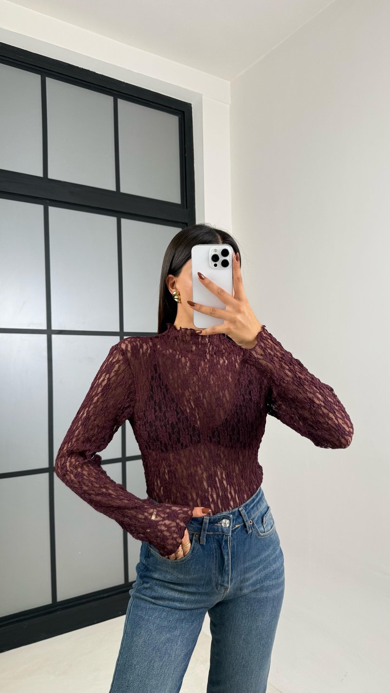 Bordo Dantelli Transparan Uzun Kol Bluz GAUS-00172