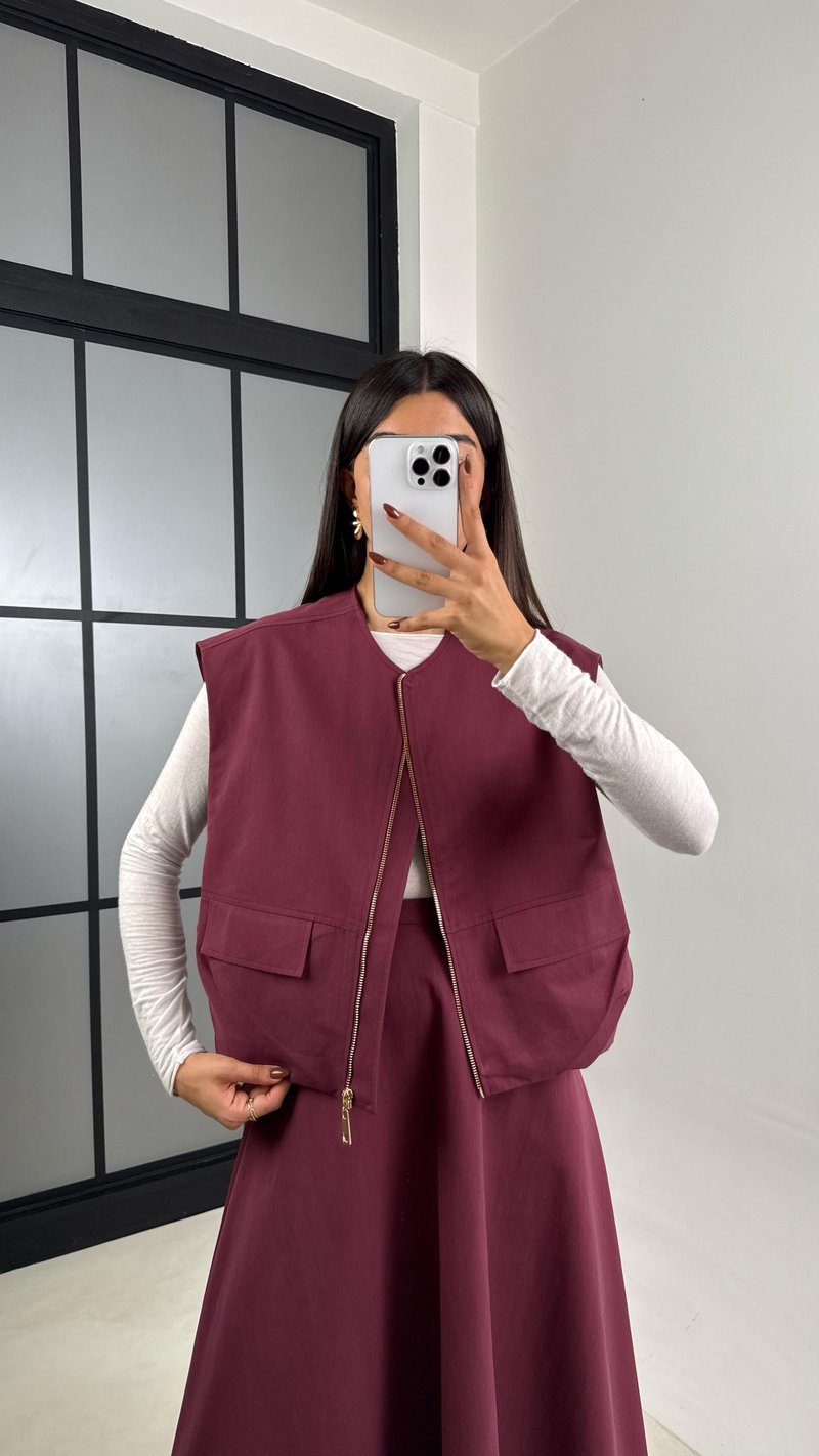 Bordo Astarlı Cep Detaylı Yelek Etek İkili Premium Takım GAUS-00181