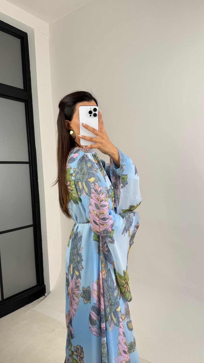 Mavi Çiçek Desenli Kuşaklı Kolu Volanlı Astarlı Şifon Elbise GAUS-00105