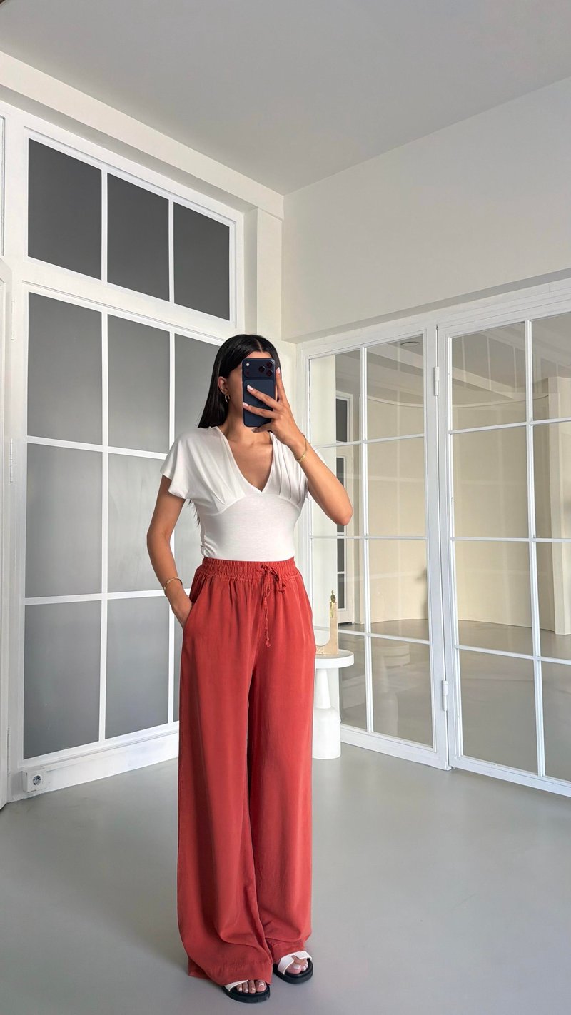 Kiremit Beli Lastikli Tencel Denim Pantolon GAUS-01474