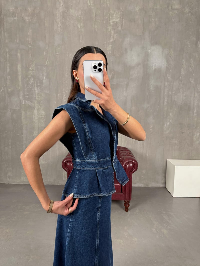 Rose Lacivert Denim Yelek