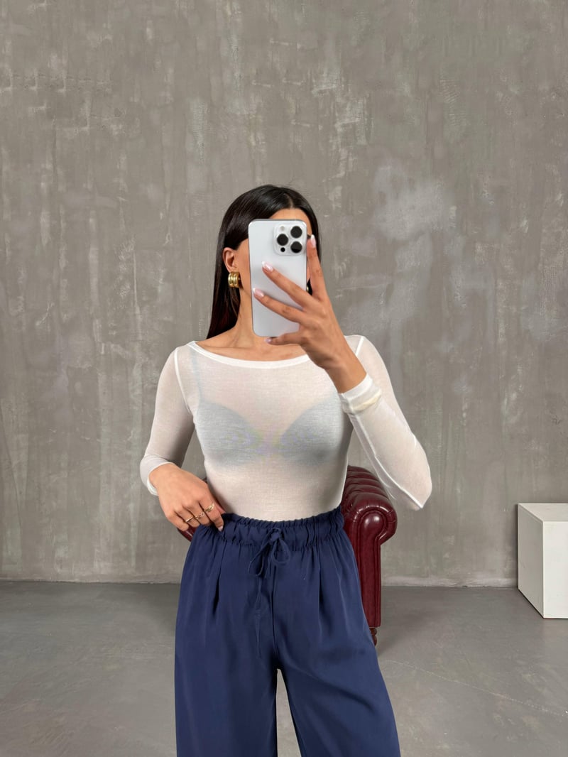 Beyaz Transparan Kaşmir Dokulu Bluz Gaus00272