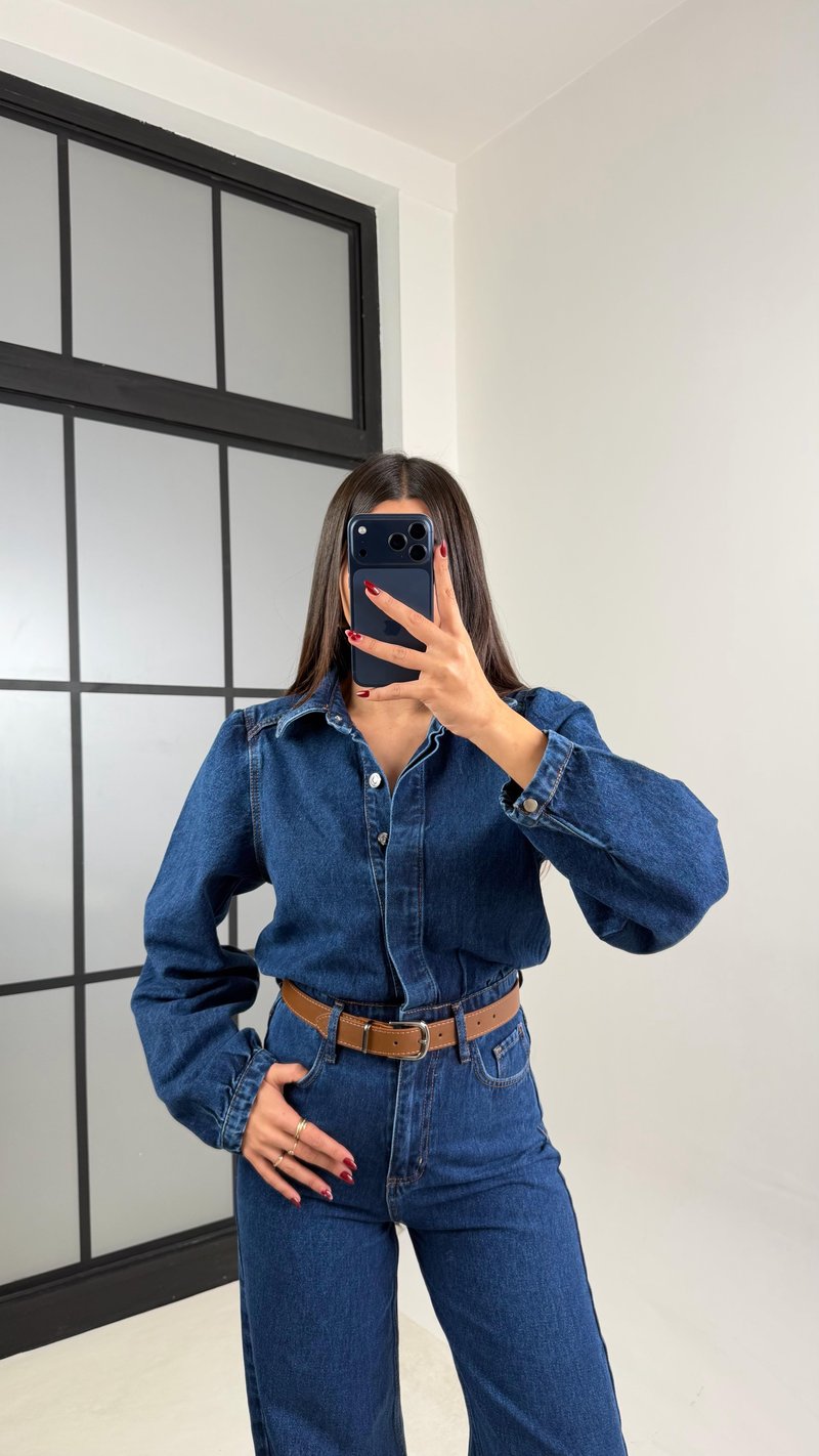 Mavi Kemerli Premium Denim Tulum GAUS-00673