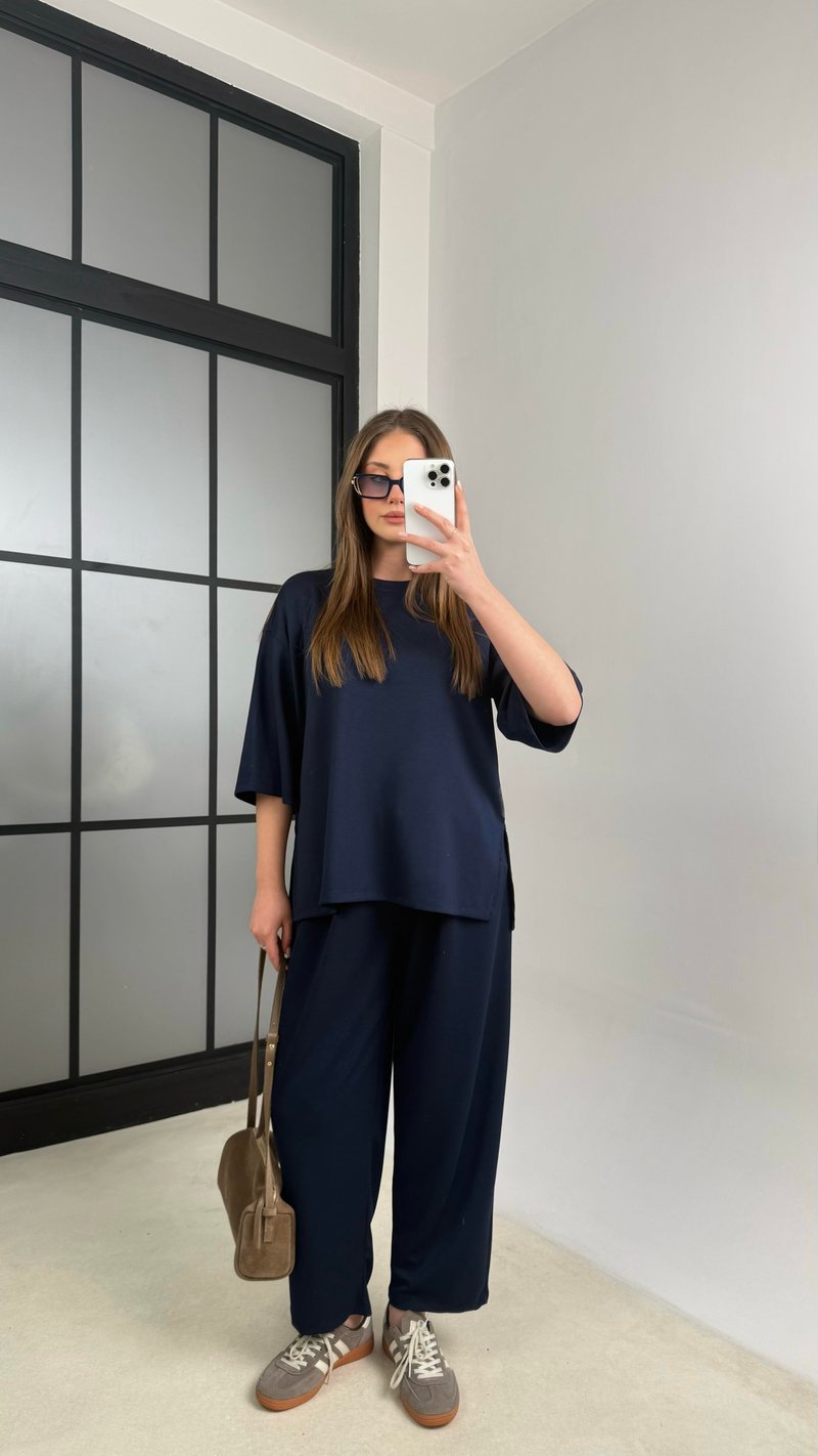 Lacivert Bluz Beli Lastikli Pantolon Modal Kumaş Basic Takım GAUS-01132