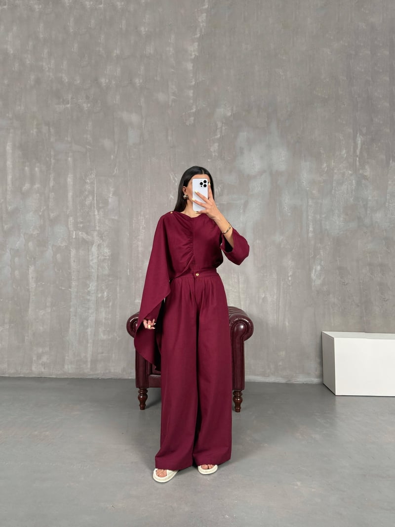 Bordo Şal Detaylı Keten Takım Gaus00142