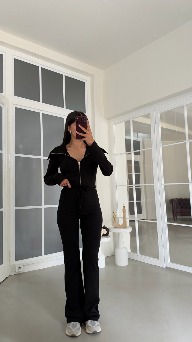 Siyah Geniş Yakalı Crop Hırka Beli Lastikli Eşofman İkili Basic Takım GAUS-02156