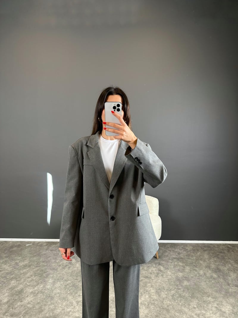 Pascal Gri Oversize Astarlı Blazer Ceket
