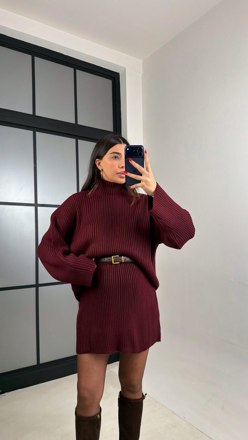 Bordo Şal Detaylı Hırka Kazak Beli Lastikli Etek Triko Takım GAUS-01039