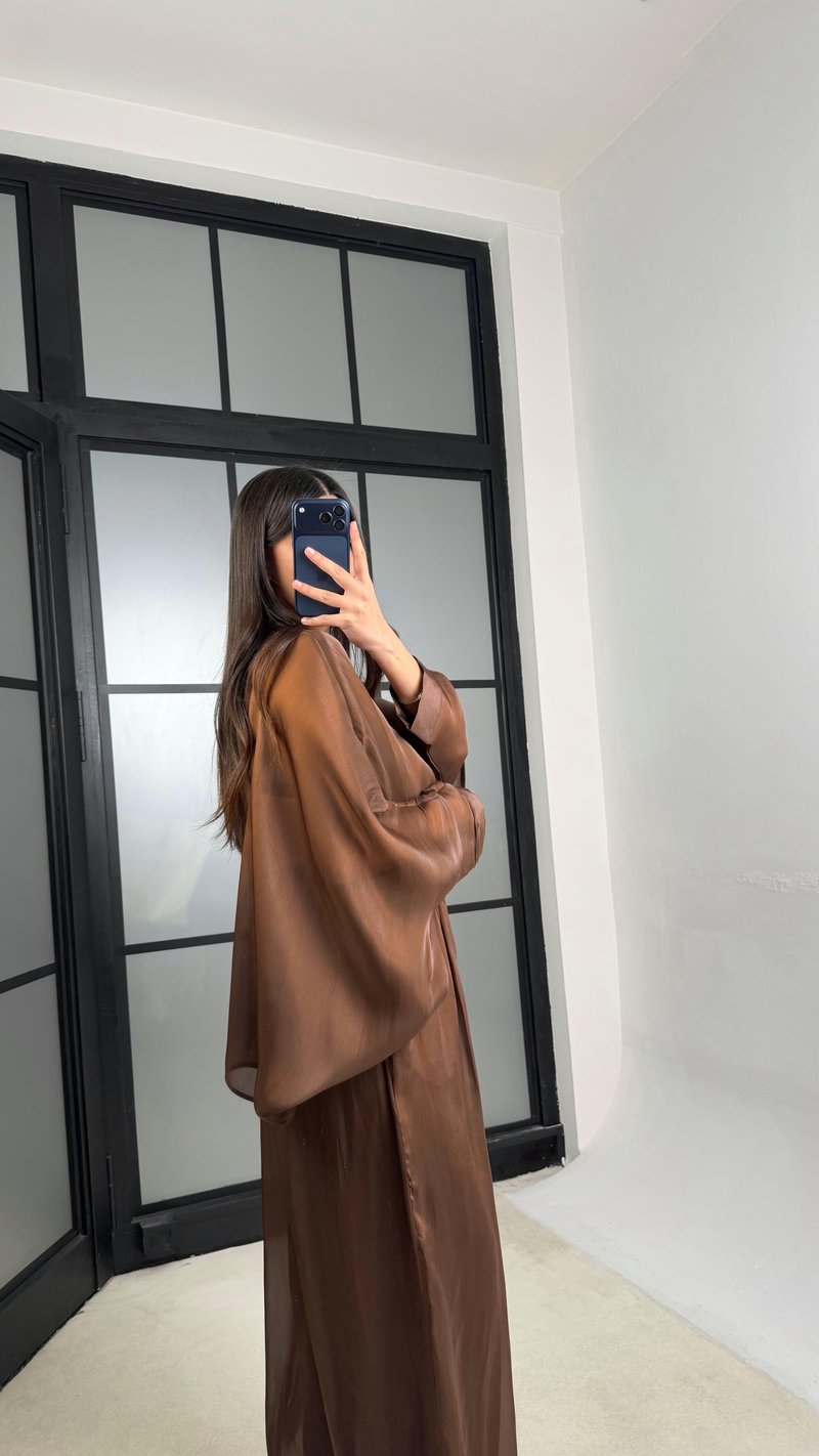 Kahve Transparan Pelerin Beli Lastikli Şalvar Pantolon Premium Tasarım Takım GAUS-01292