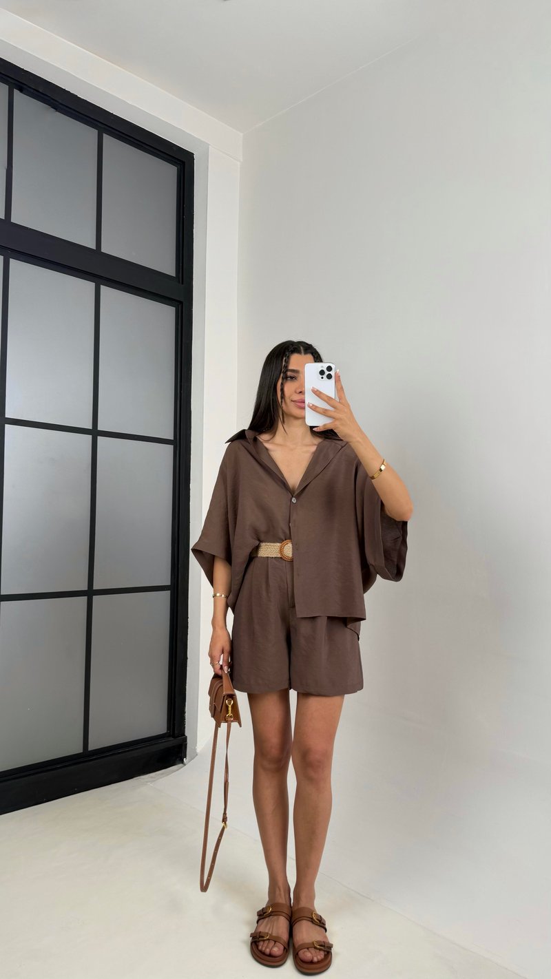 Kahve Gömlek Hasır Kemerli Şort İkili Tencel Takım Gaus00559
