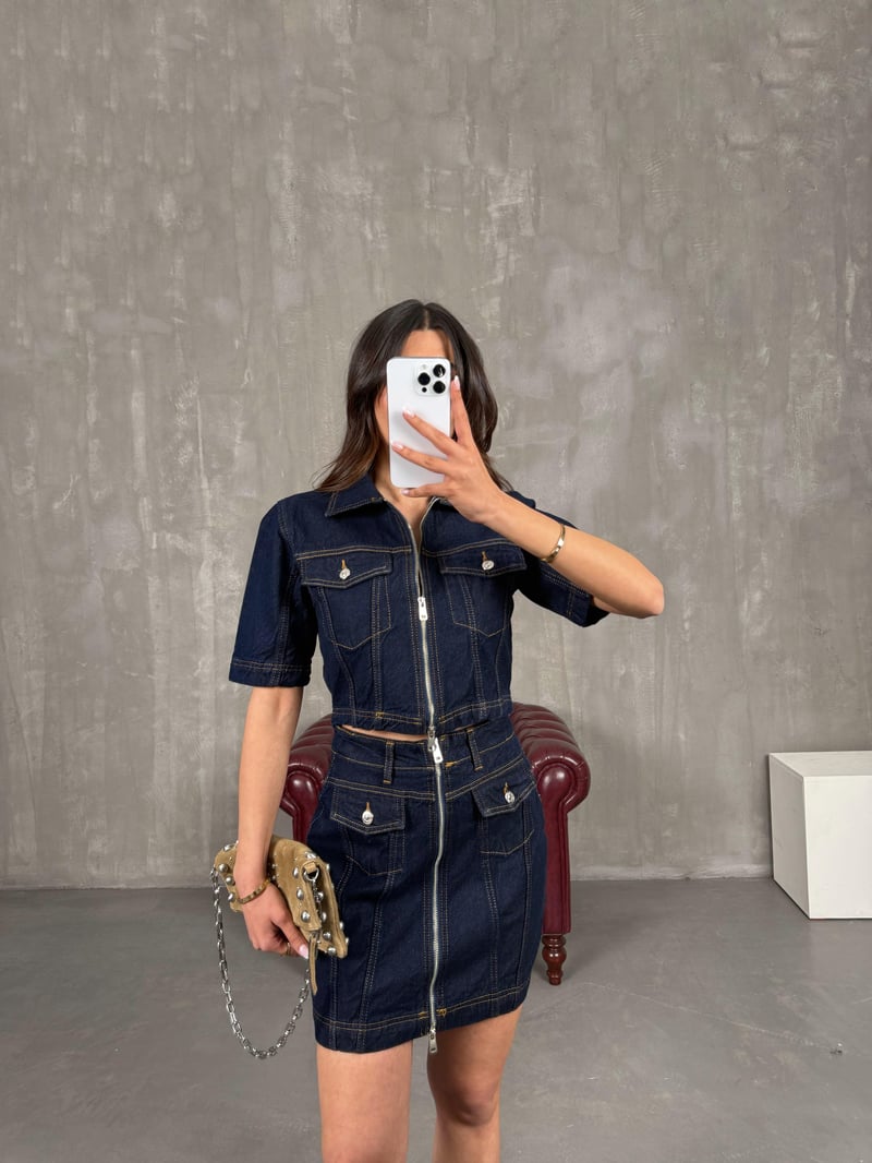 Lacivert Cepli Önü Fermuarlı Denim Etekli Takım Gaus00259