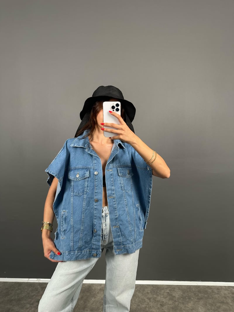 Laswel Mavi Yarasa Kol Tasarım Denim Kot Yelek 