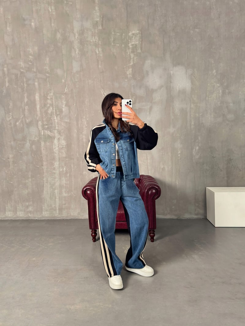 Gong Siyah Denim Karışımlı Şeritli Takım