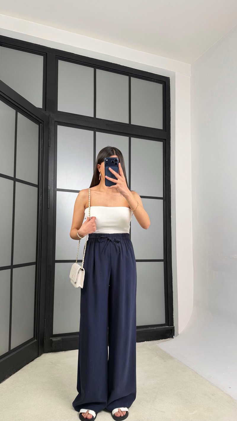 Lacivert Beli Lastikli Tencel Pantolon GAUS-01331
