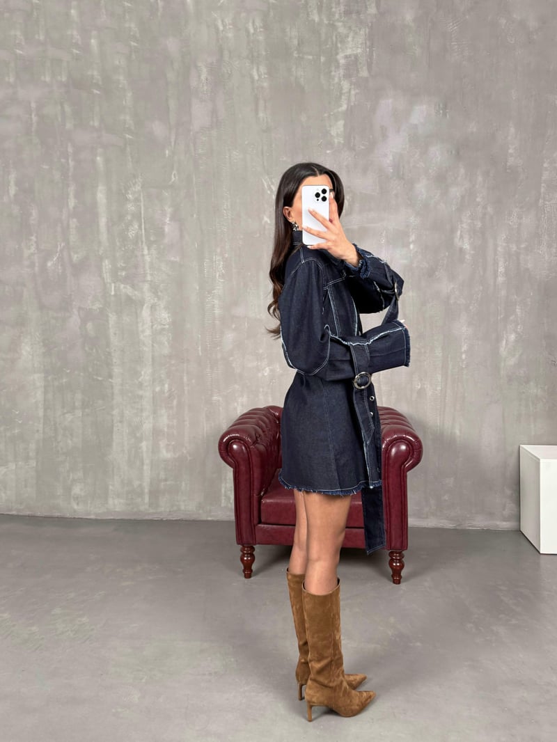 Karla Koyu Füme Kemerli Denim Elbise
