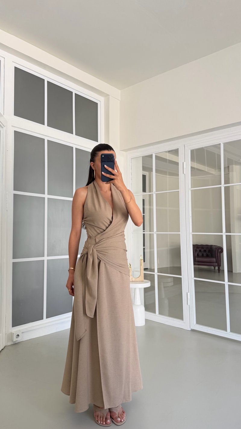 Vizon Halter Yaka Bağlama Detaylı Premium Keten Elbise GAUS-01672