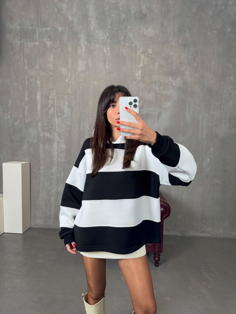 Nicol Siyah Beyaz Çizgili ZR Model Sweatshirt