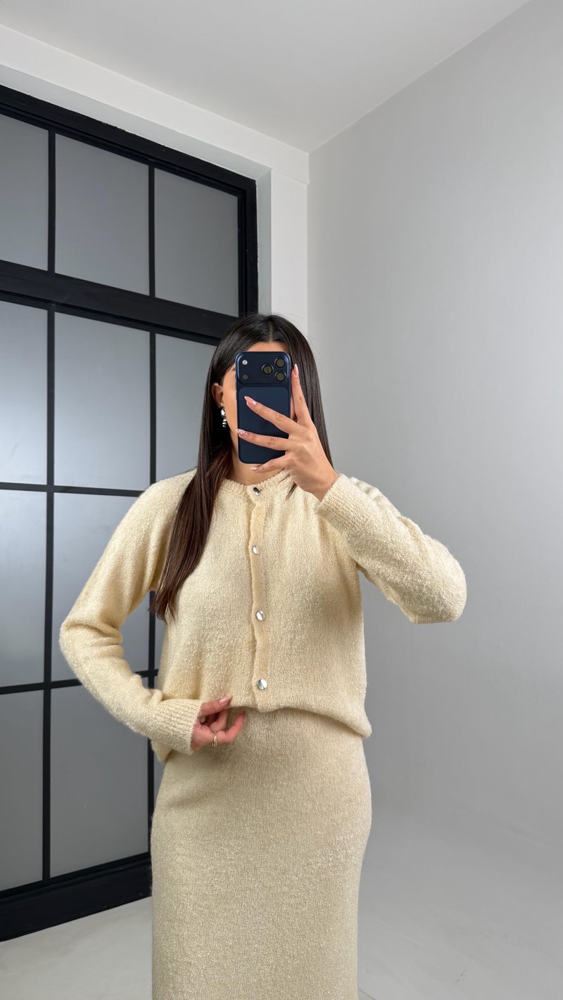 Bej Hırka Beli Lastikli Etek Triko takım GAUS-00853