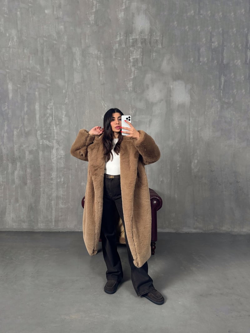 Wody Sütlü Kahve Astarlı Premium Kürk Kaban 