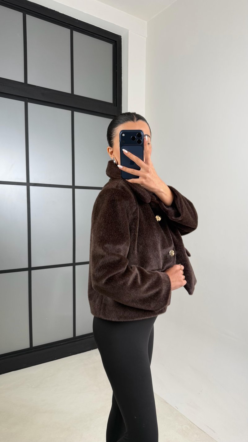 Kahve Cep Detaylı Astarlı Kürk Ceket GAUS-00522