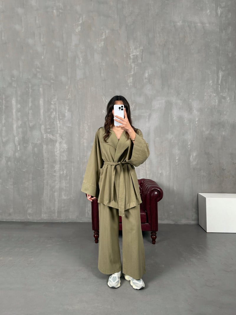 Sansa Haki Kuşaklı Keten Kimono Takım
