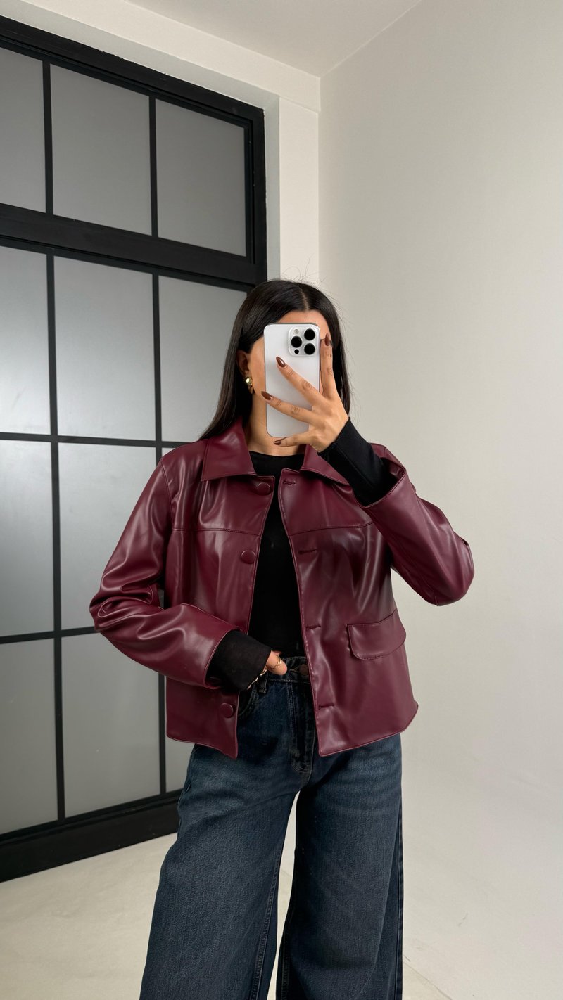 Bordo Astarlı Cep Detaylı Deri Ceket GAUS-00339