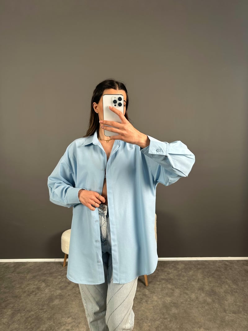 Min Mavi Oversize Gizli Düğmeli Gömlek