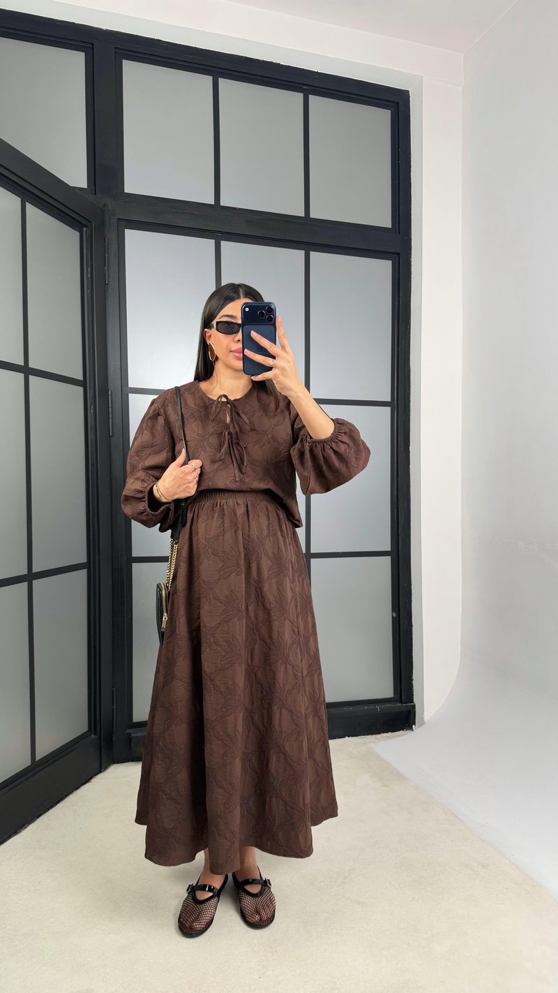 Kahve Çiçek Nakışlı Gömlek Beli Lastikli Etek Takım GAUS-01182