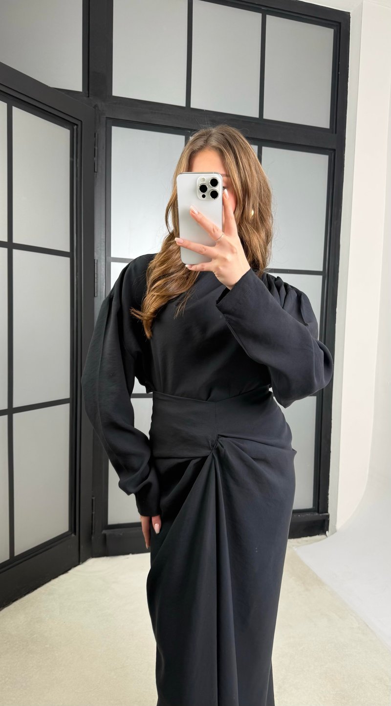 Siyah Drape Detaylı Etek Bluz Tencel Takım GAUS-01176