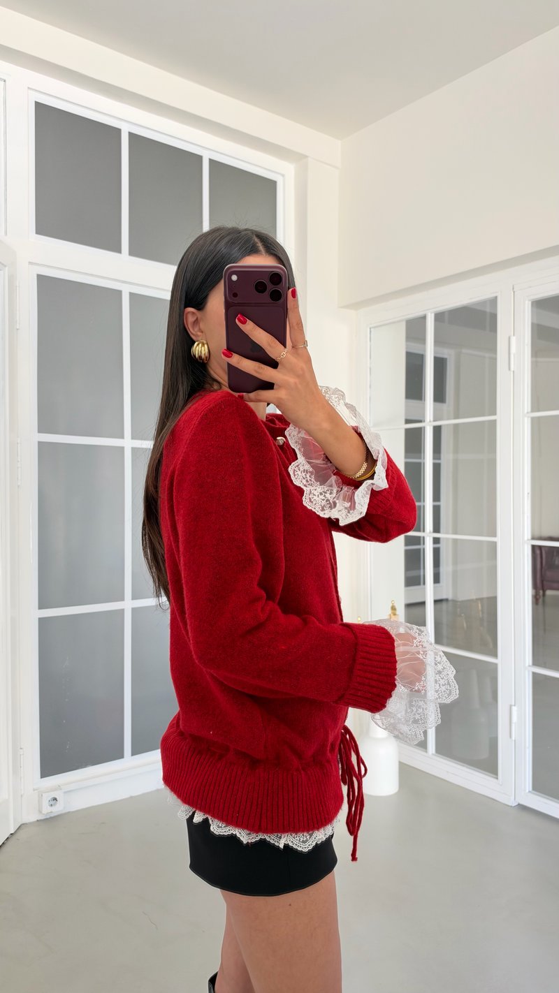 Kırmızı İnci Düğmeli Dantelli Triko Hırka GAUS-02241