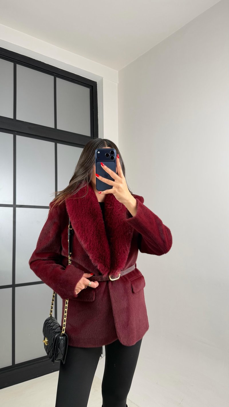 Bordo Astarlı Kemerli Premium Kürk Ceket GAUS-00936