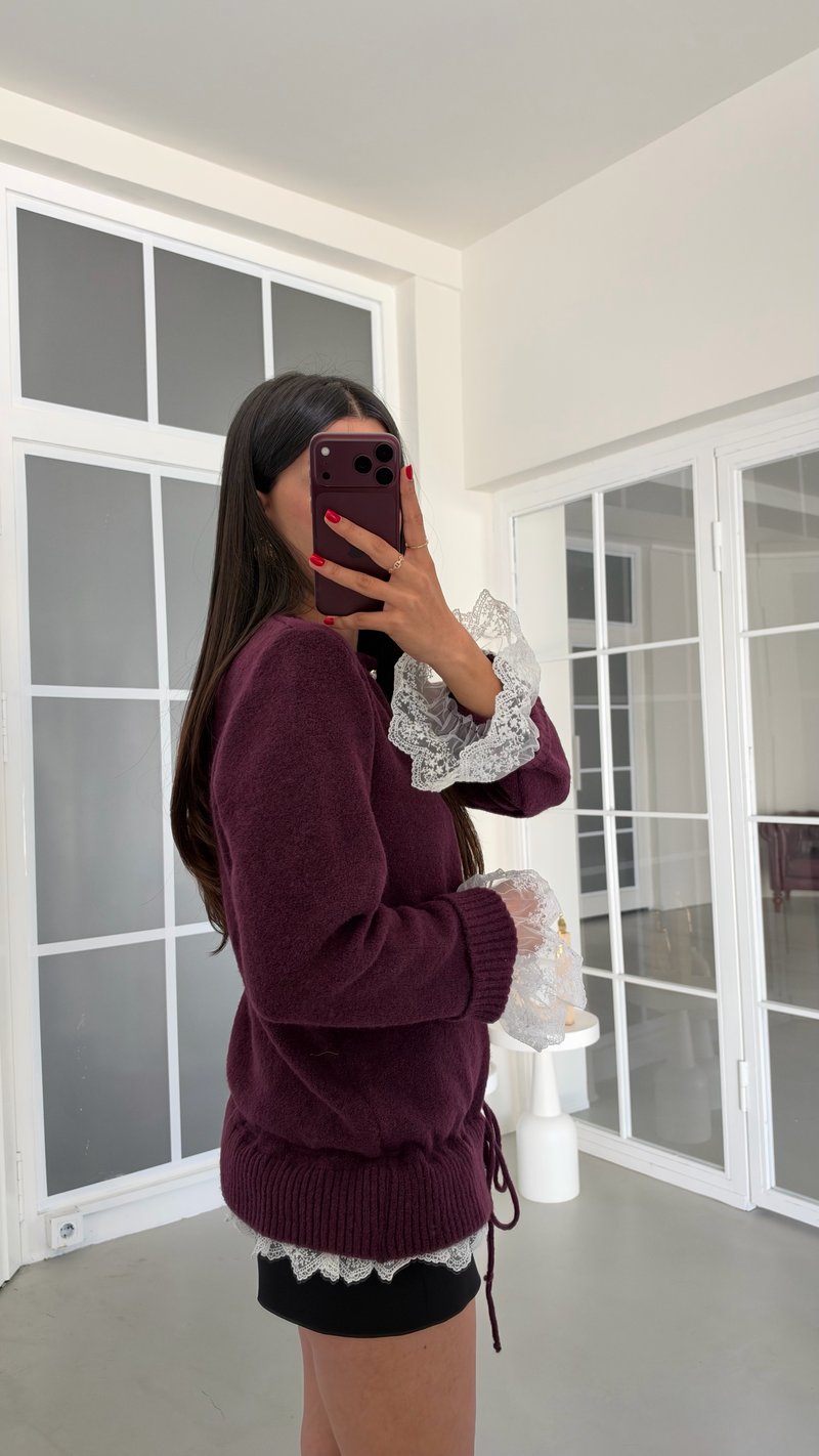 Mürdüm İnci Düğmeli Dantelli Triko Hırka GAUS-02241